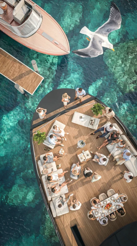 Visualisation 3D yacht de luxe avec pont en bois et mobilier extérieur élégant