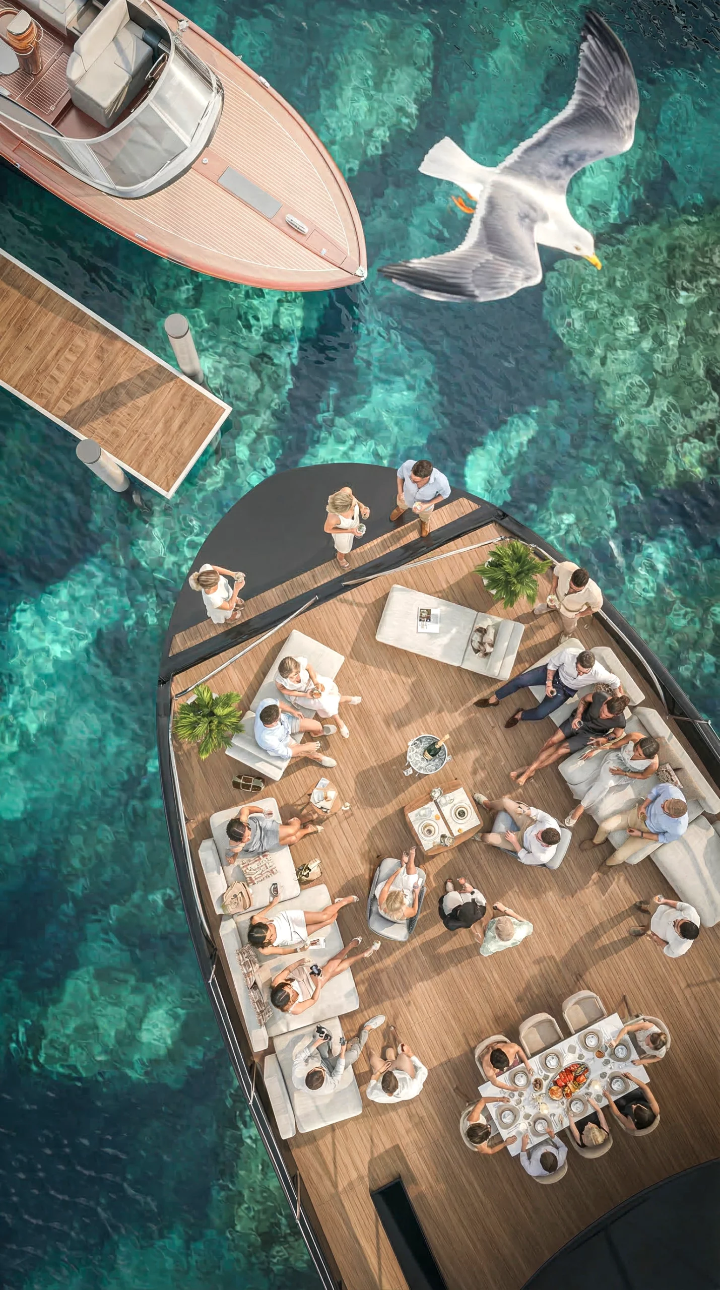 Visualisation 3D yacht de luxe avec pont en bois et mobilier extérieur élégant