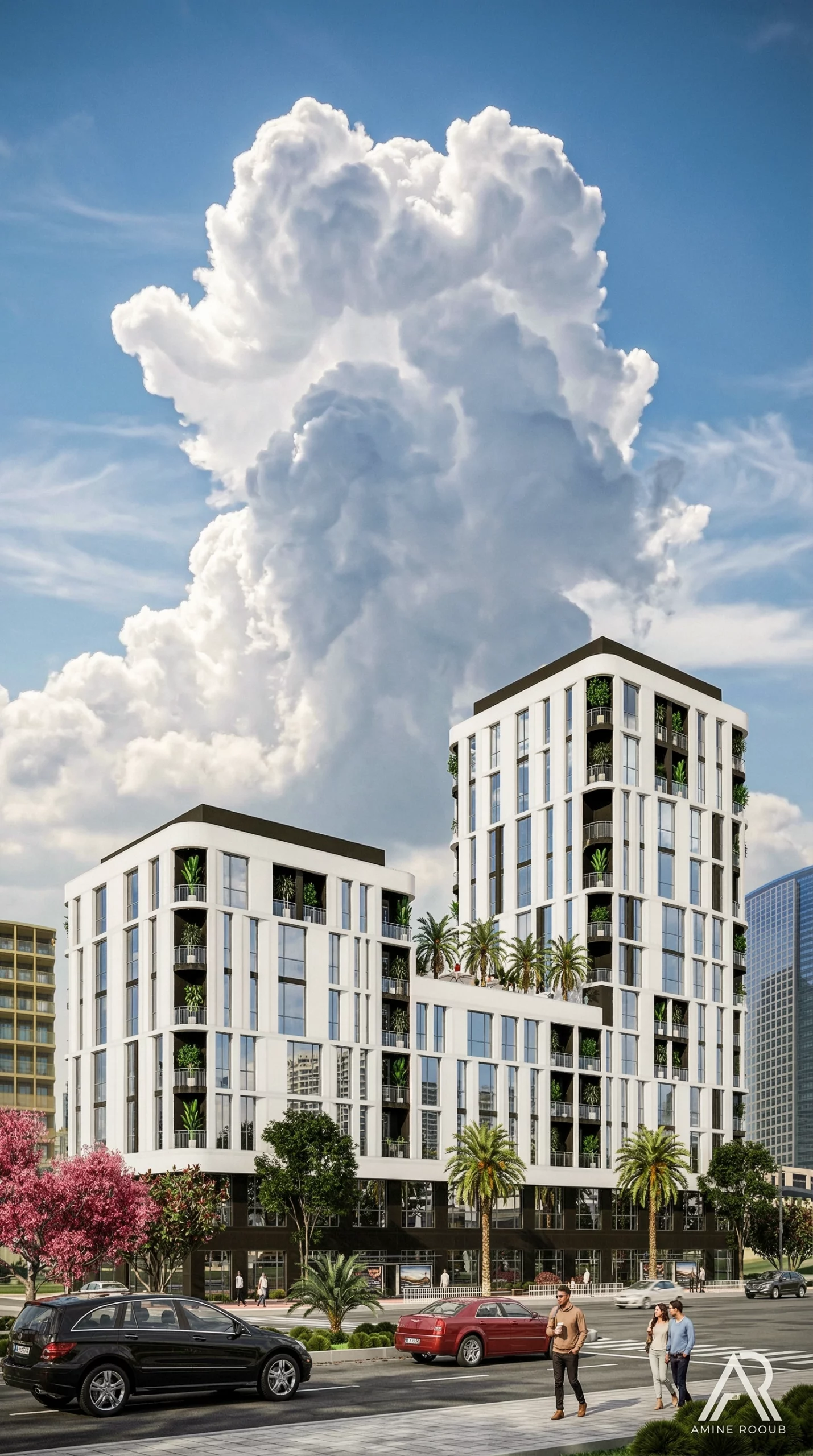 perspective architecturale 3D bâtiment moderne avec lumière naturelle Casablanca Maroc