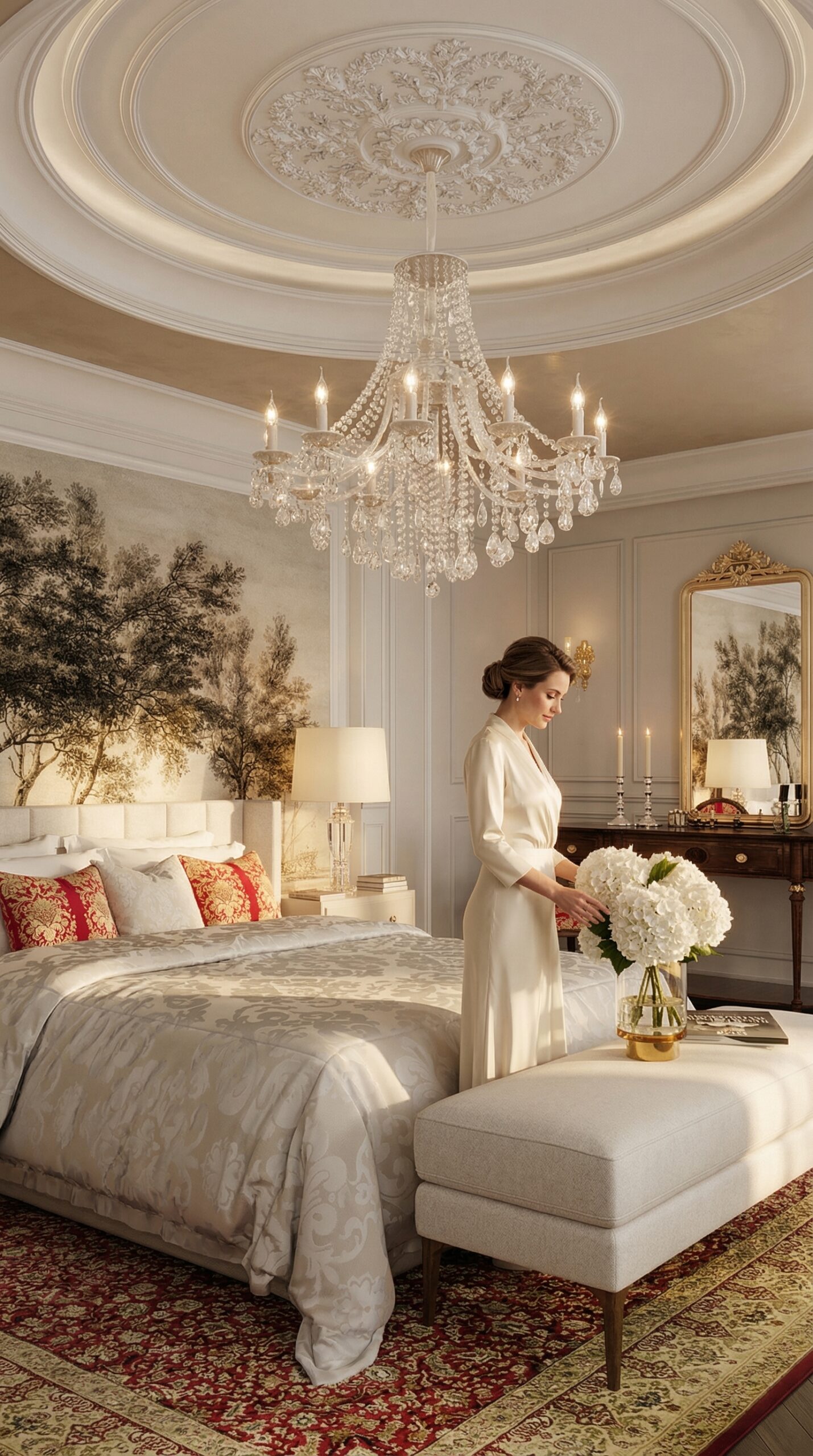 Visualisation 3D d’une chambre parentale classique style gothique, design intérieur élégant avec mobilier raffiné, textures luxueuses et éclairage dramatique. Intégration de l’IA pour optimiser l’aménagement et créer une ambiance vivante et sophistiquée, rendu photoréaliste par AMINE RQOUB.