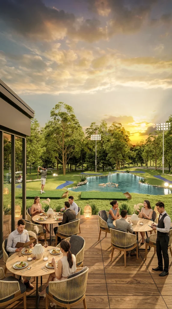 Visualisation 3D haut de gamme d’un terrain de golf avec rendu photoréaliste, paysage détaillé et qualité 4K. Idéal pour promoteurs immobiliers et marketing de resorts de luxe.