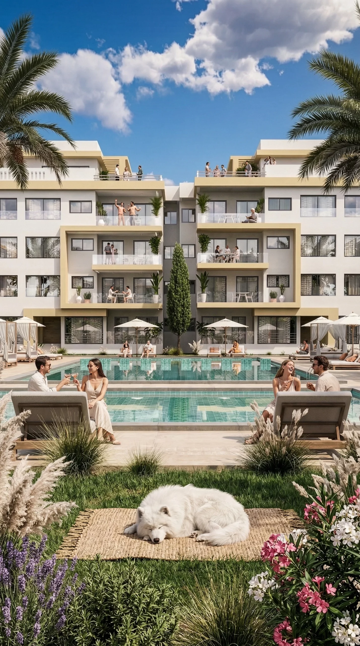 Visualisation 3D photoréaliste d’une résidence lifestyle à Mohammedia avec piscine, couples en détente et ambiance résidentielle joyeuse