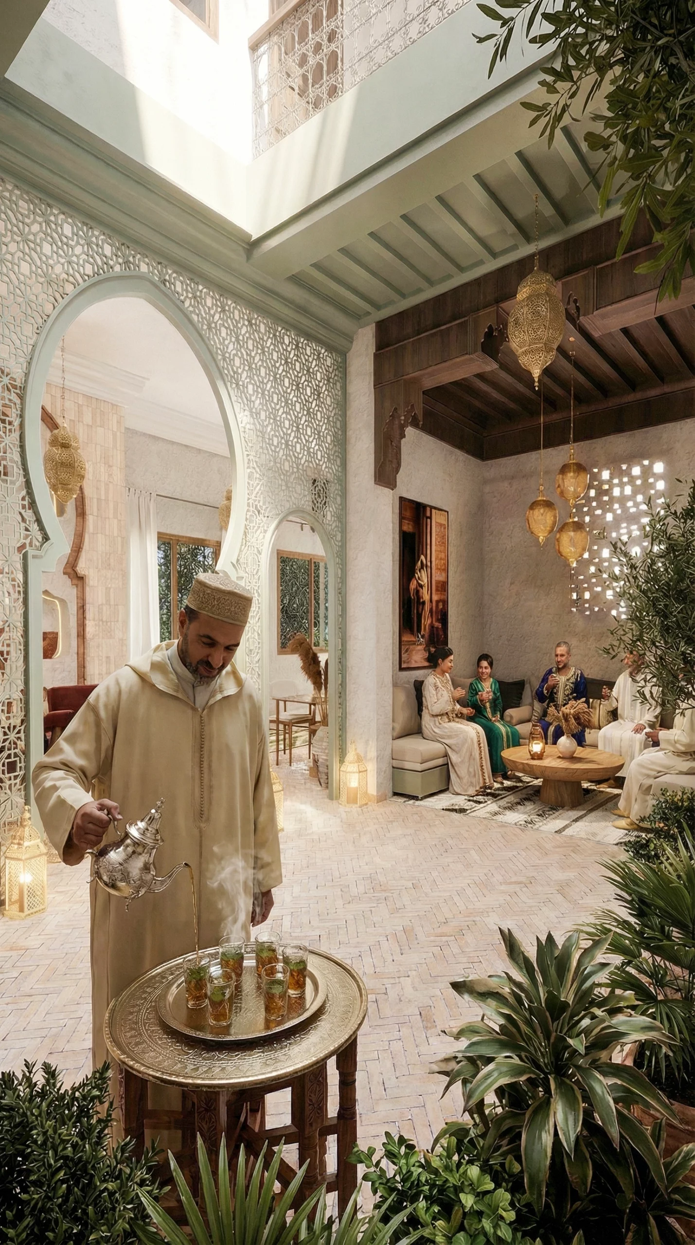 Visualisation 3D d’un riad marocain traditionnel avec patio intérieur artisanal, décor authentique, zelliges colorés, fontaine centrale, plantes et textures naturelles, ambiance chaleureuse et élégante, rendu photoréaliste par AMINE RQOUB.