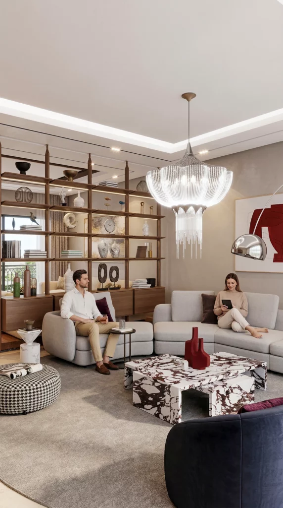 3d visualisation Salon intérieur design moderne et élégant marocain