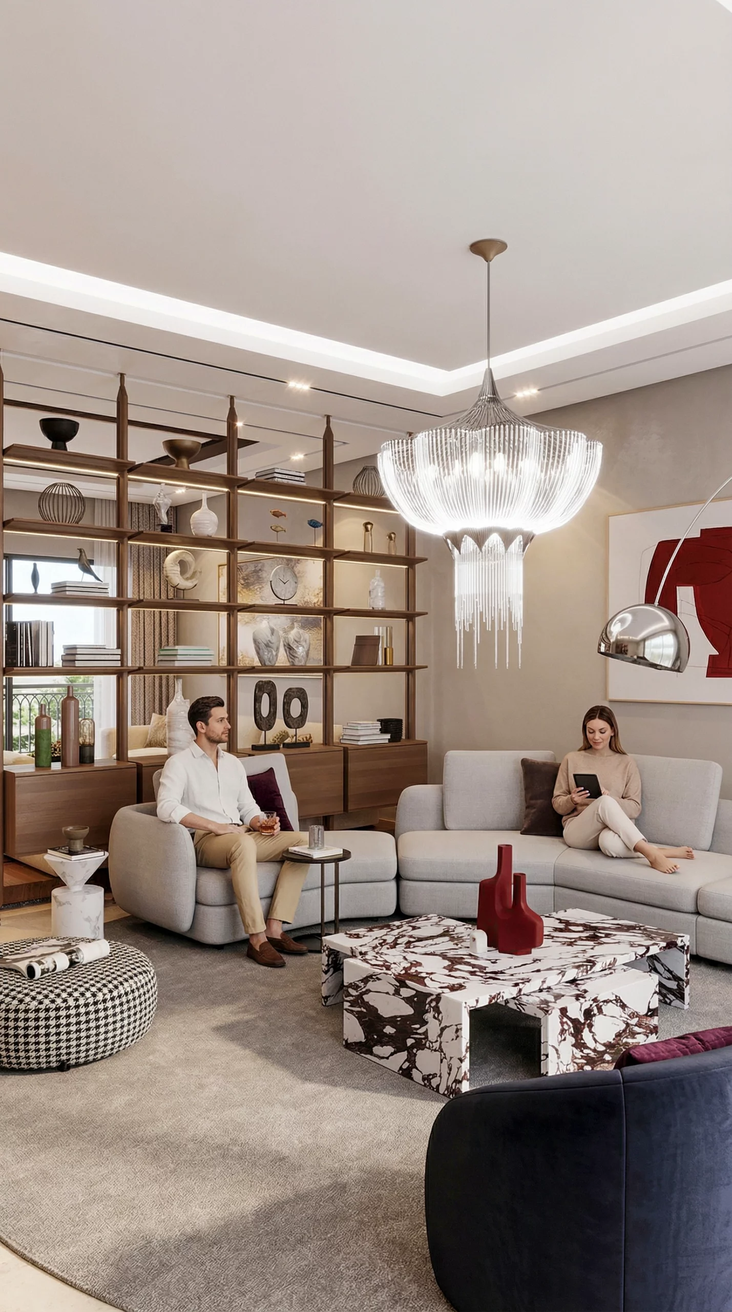 3d visualisation Salon intérieur design moderne et élégant marocain