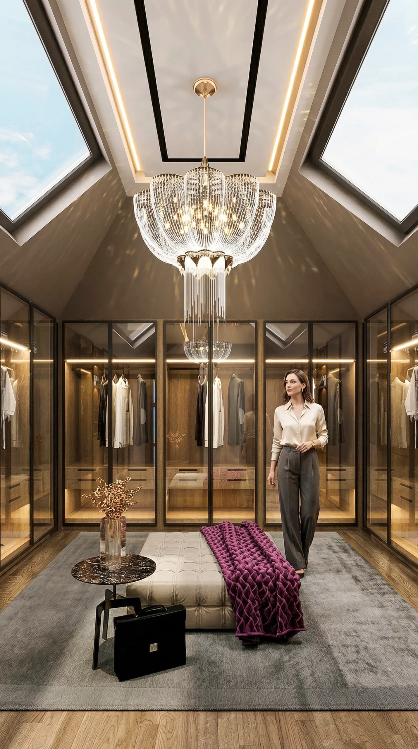 Visualisation 3D d’une suite parentale de luxe avec dressing design, aménagement élégant et moderne, mobilier raffiné, matériaux haut de gamme, éclairage naturel et subtil, ambiance sophistiquée et chaleureuse, rendu photoréaliste par AMINE RQOUB.