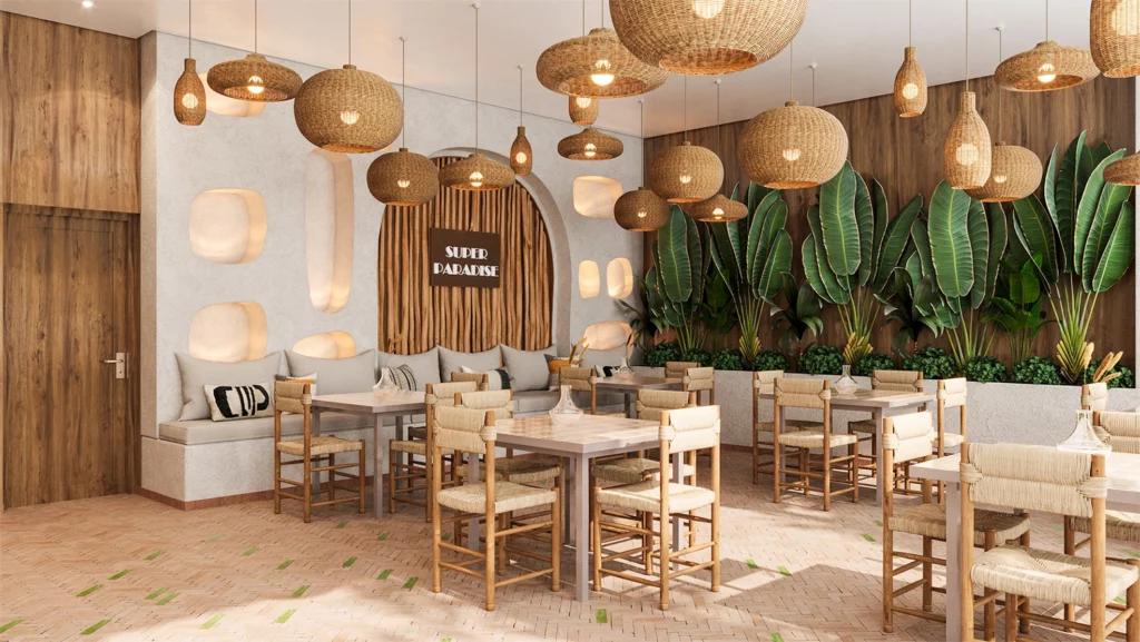 Design intérieur de restaurant style bohème avec mobilier en rotin, suspensions naturelles et ambiance chaleureuse – rendu 3D
