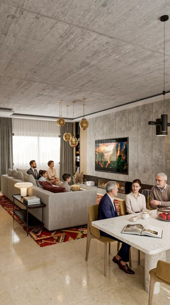 Visualisation 3D avec IA d’un appartement style brutalisme, design intérieur moderne avec murs en béton et finitions industrielles, mobilier épuré, textures brutes et volumes géométriques, ambiance contemporaine et élégante, rendu photoréaliste par AMINE RQOUB.