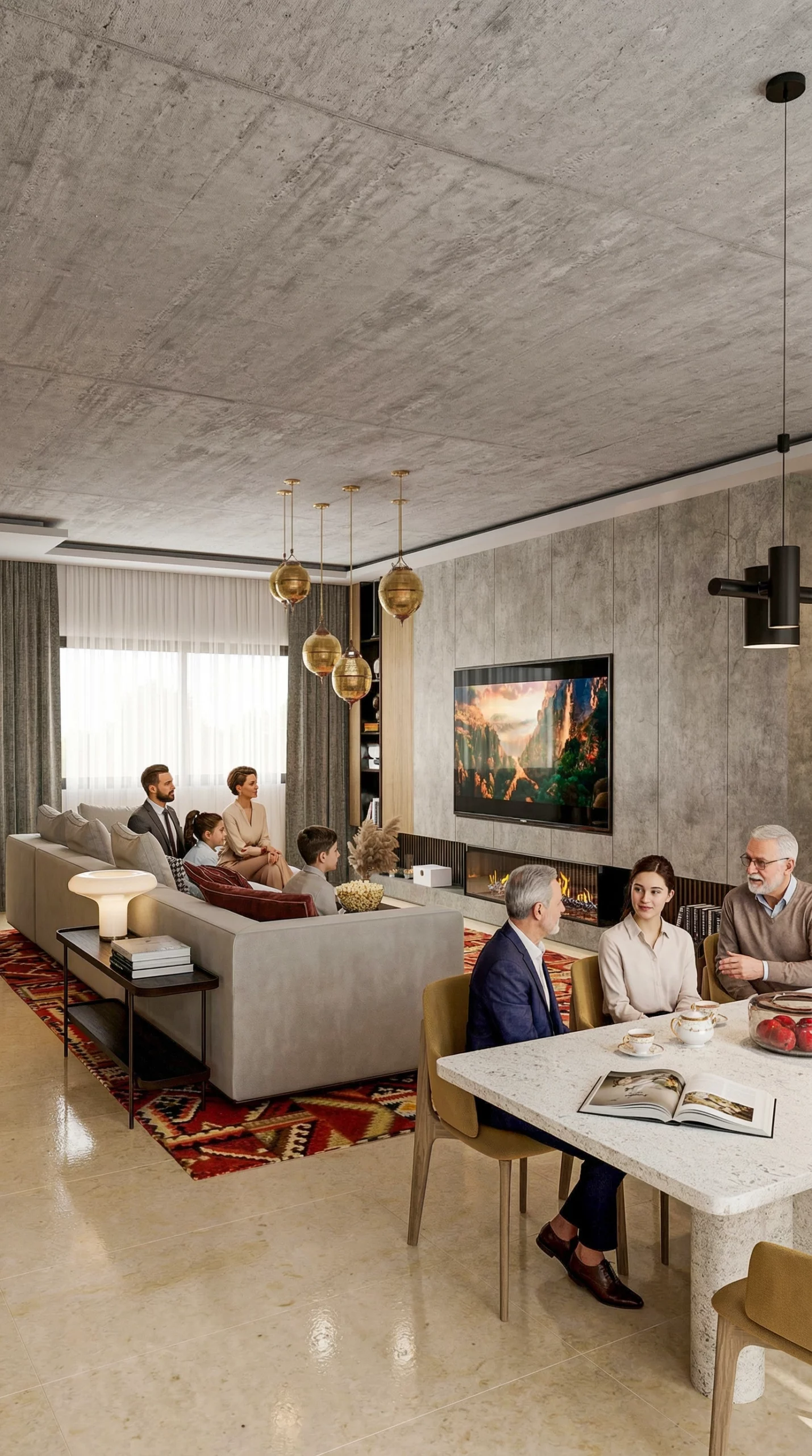 Visualisation 3D avec IA d’un appartement style brutalisme, design intérieur moderne avec murs en béton et finitions industrielles, mobilier épuré, textures brutes et volumes géométriques, ambiance contemporaine et élégante, rendu photoréaliste par AMINE RQOUB.