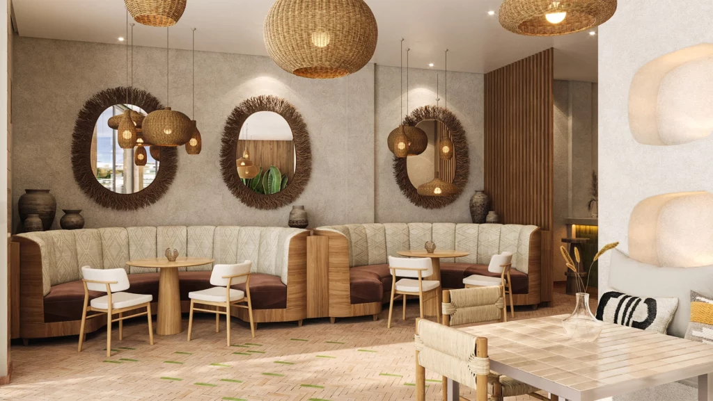 Design intérieur de restaurant style bohème avec mobilier en rotin, suspensions naturelles et ambiance chaleureuse – rendu 3D