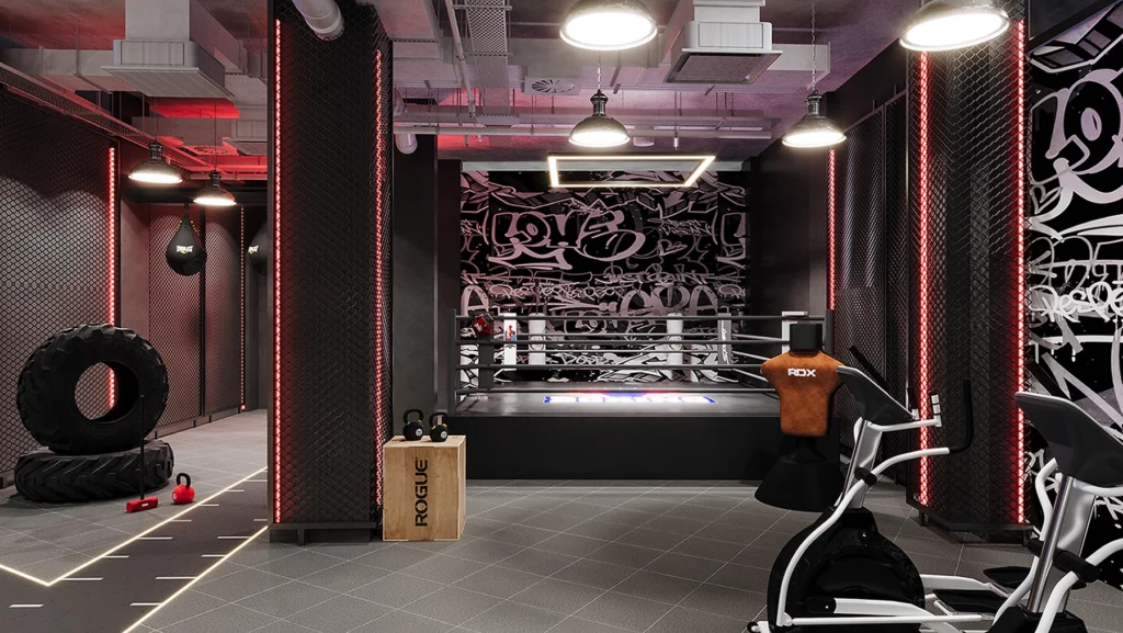 design intérieur salle box industrielle béton brut