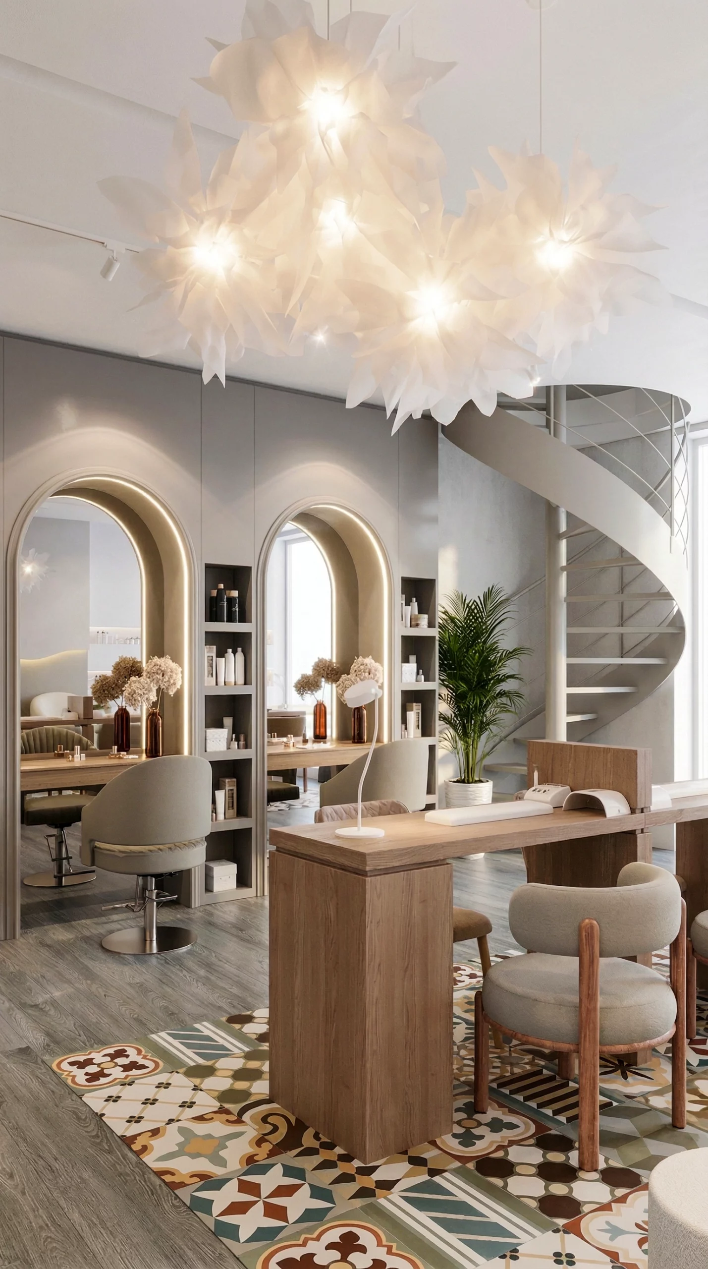 Visualisation 3D d’un salon de beauté moderne à Marrakech, design intérieur élégant et contemporain, aménagement fonctionnel avec mobilier chic et matériaux raffinés, éclairage naturel et artificiel réaliste, ambiance sophistiquée et accueillante, rendu photoréaliste par AMINE RQOUB.