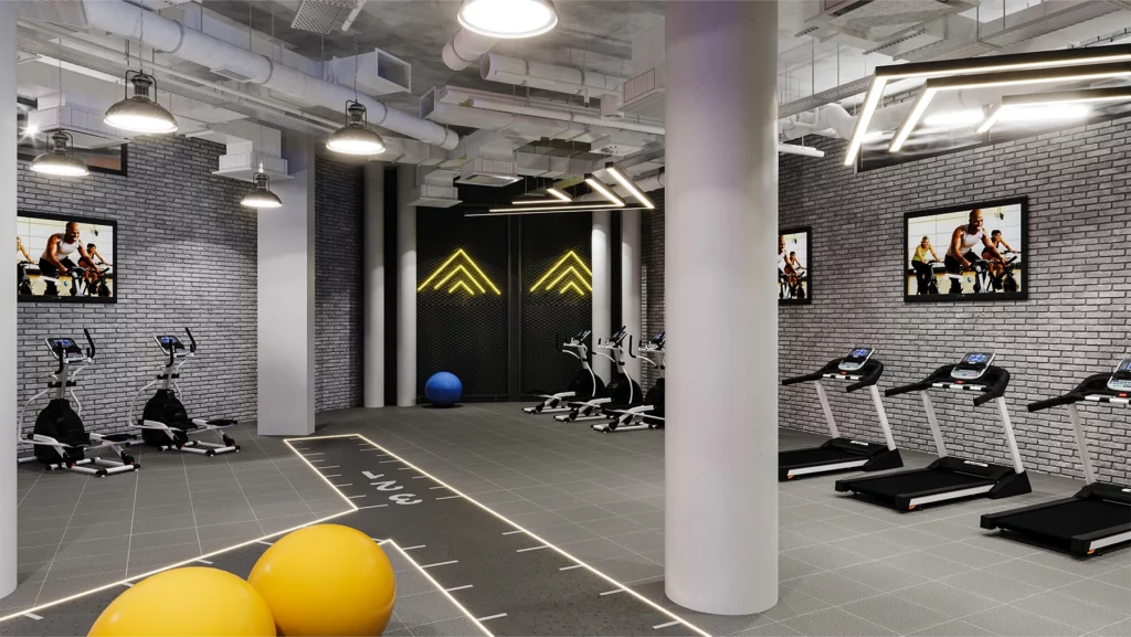 rendu 3D salle fitness industrielle