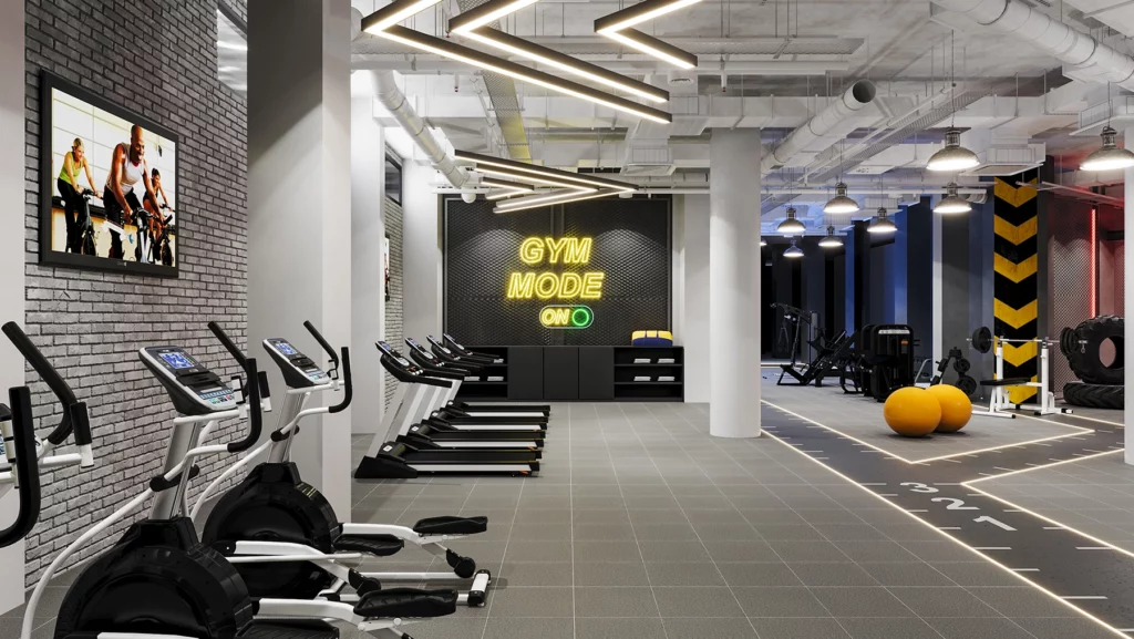 rendu 3D salle fitness industrielle moderne