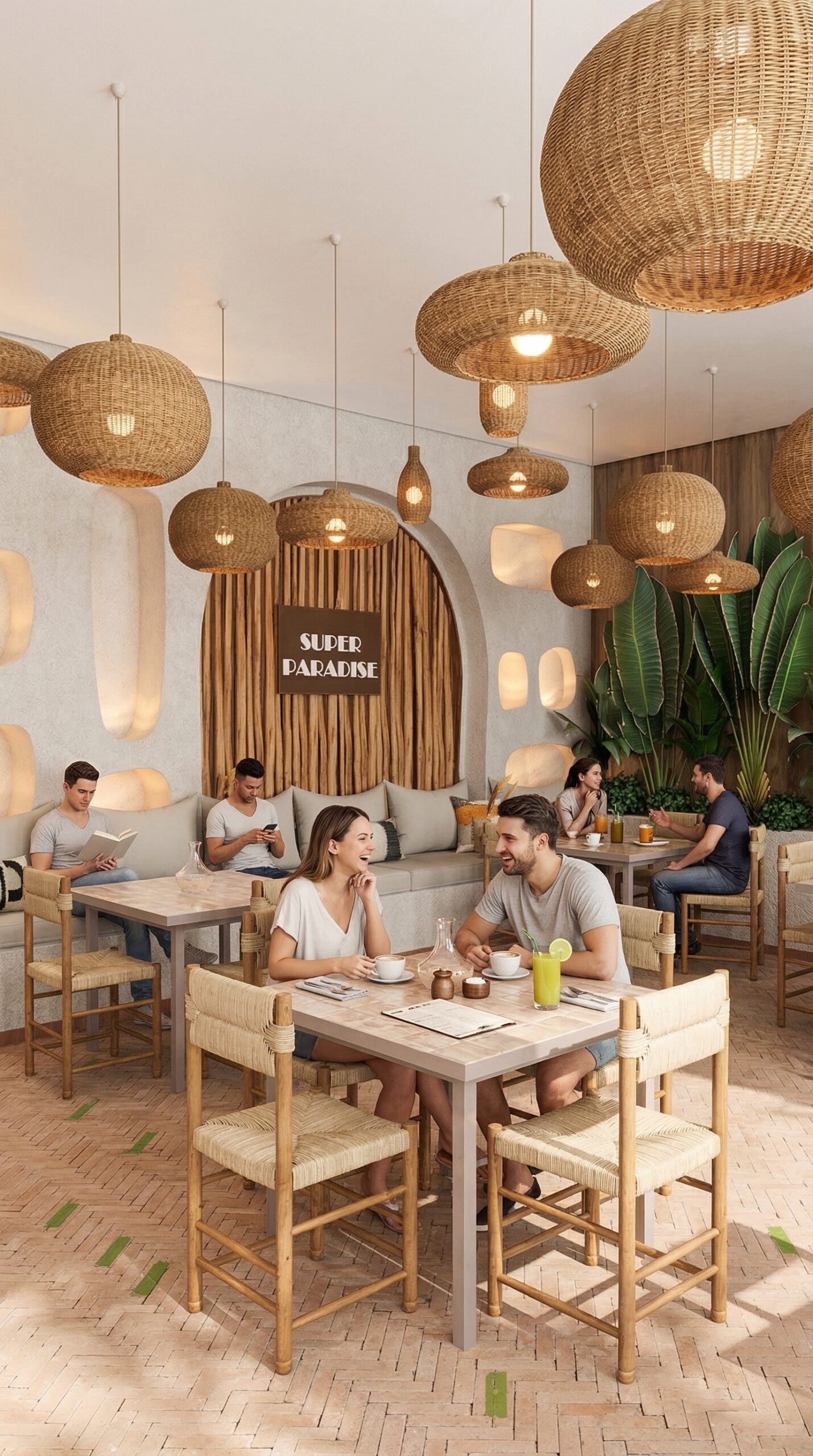 Visualisation 3D d’un restaurant-café tropical à Marrakech, ambiance chaleureuse et végétation luxuriante, décoration en bambou et bois naturel, intégration d’IA pour l’aménagement intérieur optimisé, mobilier élégant et confortable, rendu photoréaliste par AMINE RQOUB.