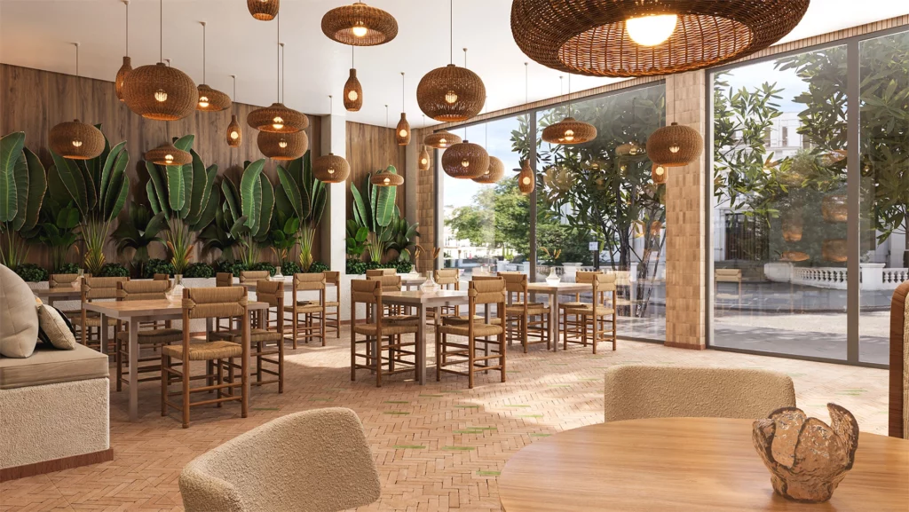 Design intérieur de restaurant style bohème avec mobilier en rotin, suspensions naturelles et ambiance chaleureuse – rendu 3D