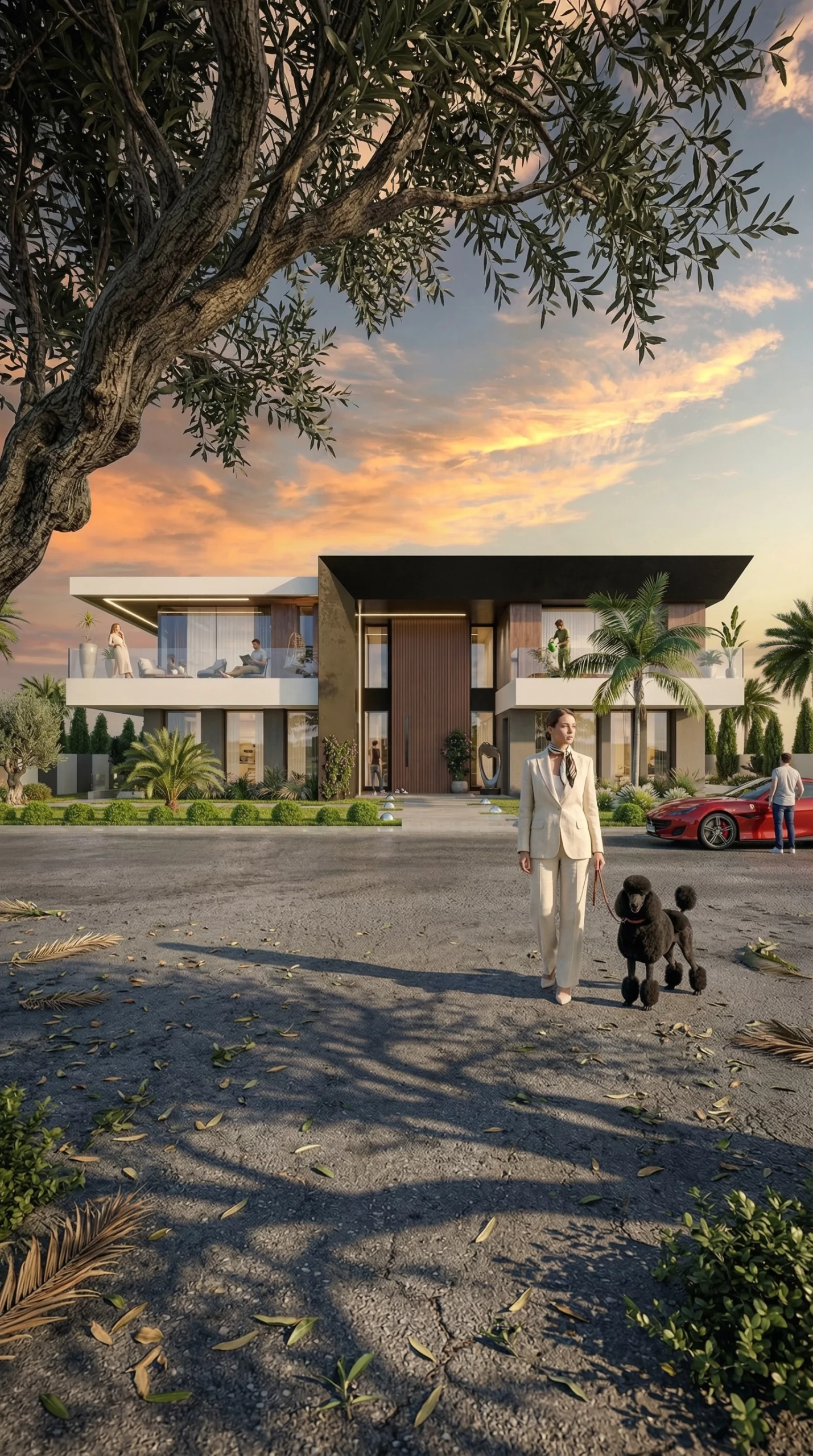 Visualisation 3D photoréaliste extérieur villa luxe avec architecture contemporaine et facade