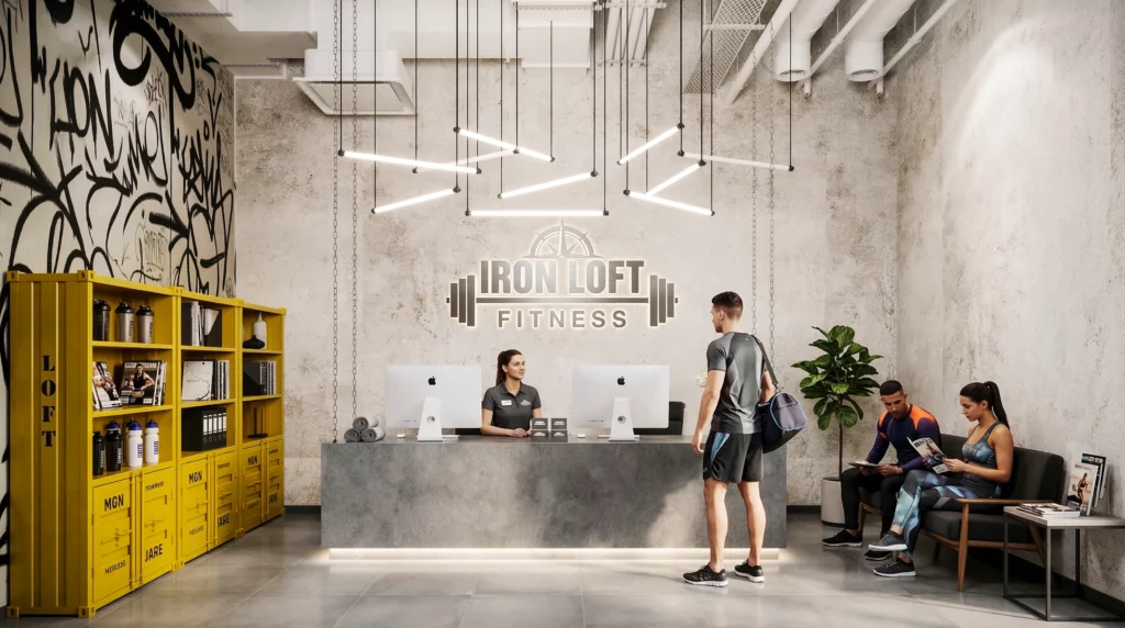 design intérieur photoréaliste de réception gym