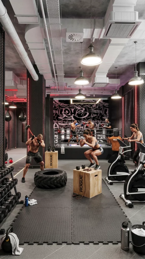 gym industriel intérieur design 3d avec structures métalliques