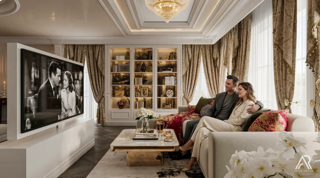 Visualisation 3D d’une chambre parentale classique style gothique, design intérieur élégant avec mobilier raffiné, textures luxueuses et éclairage dramatique. Intégration de l’IA pour optimiser l’aménagement et créer une ambiance vivante et sophistiquée, rendu photoréaliste par AMINE RQOUB.