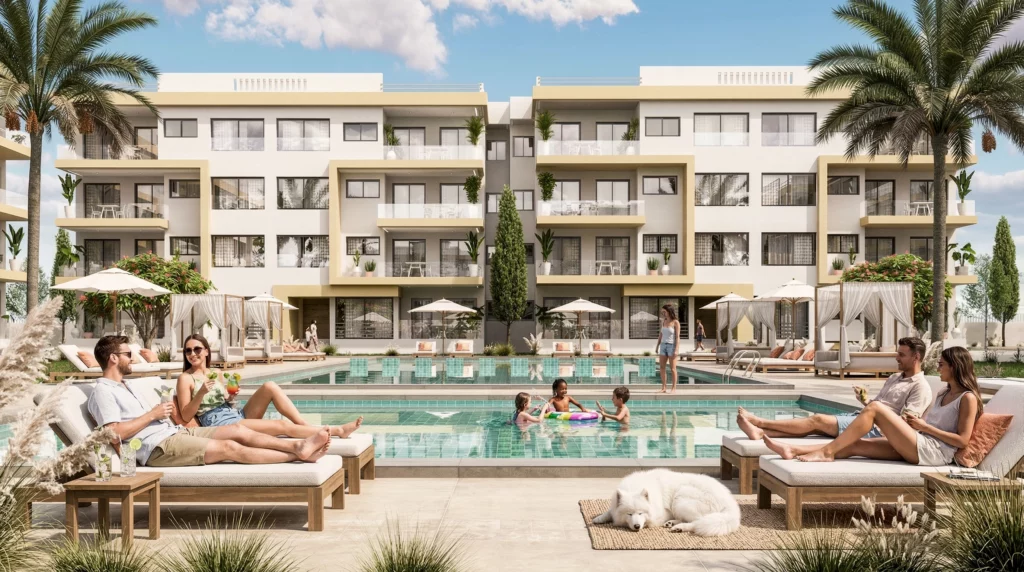 Visualisation 3D photoréaliste d’une résidence lifestyle à Mohammedia avec piscine, couples en détente et ambiance résidentielle joyeuse
