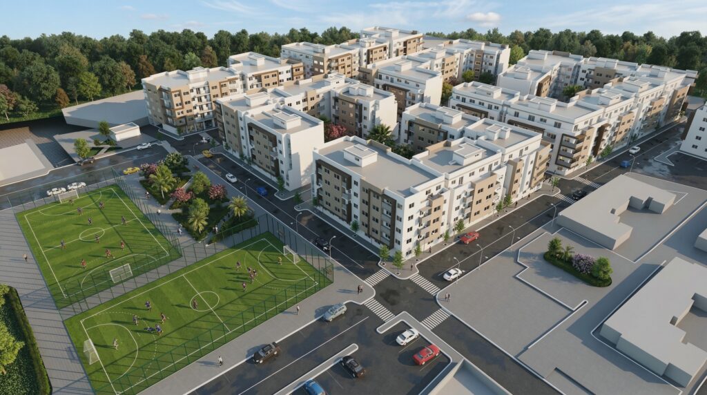 rendu 3d architecture exterieure residence marrakech aerial view