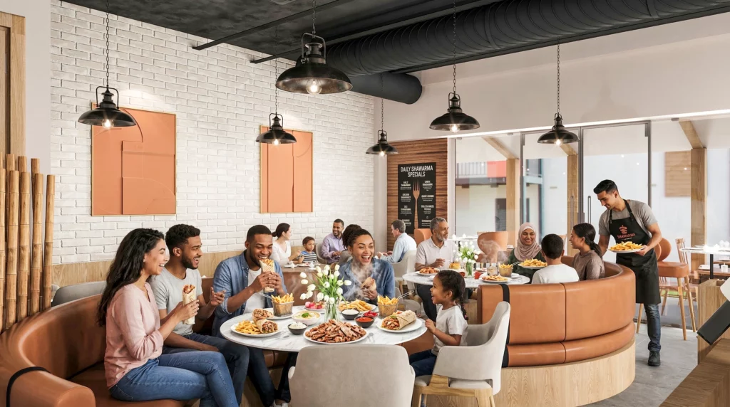 shawarma restaurant maroc intérieure architecture 3d IA