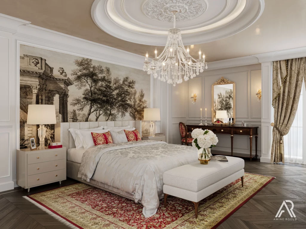 Visualisation 3D d’une chambre parentale classique style gothique, design intérieur élégant avec mobilier raffiné, textures luxueuses et éclairage dramatique. Intégration de l’IA pour optimiser l’aménagement et créer une ambiance vivante et sophistiquée, rendu photoréaliste par AMINE RQOUB.
