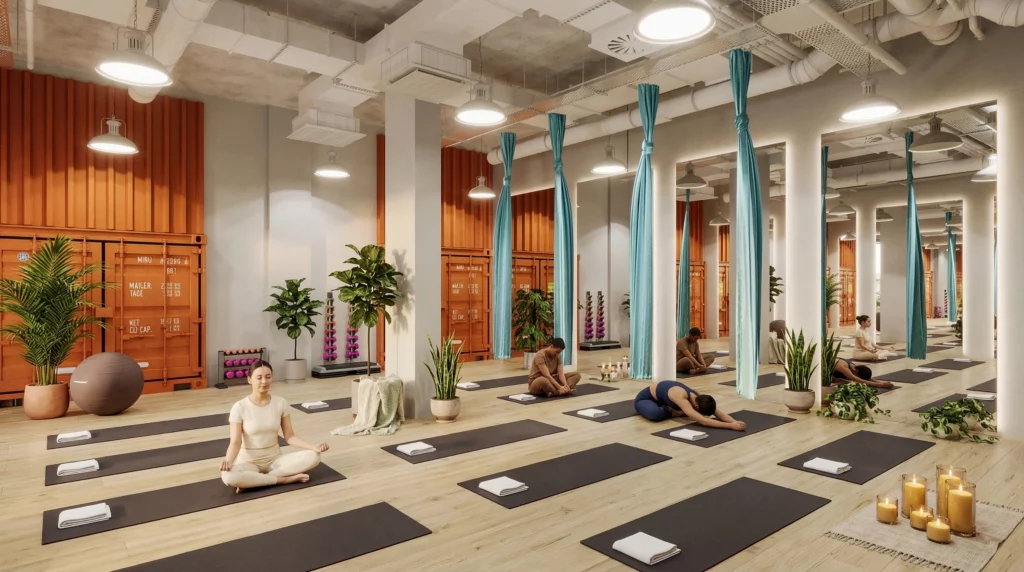 visualisation 3D salle de yoga avec plantes et décor