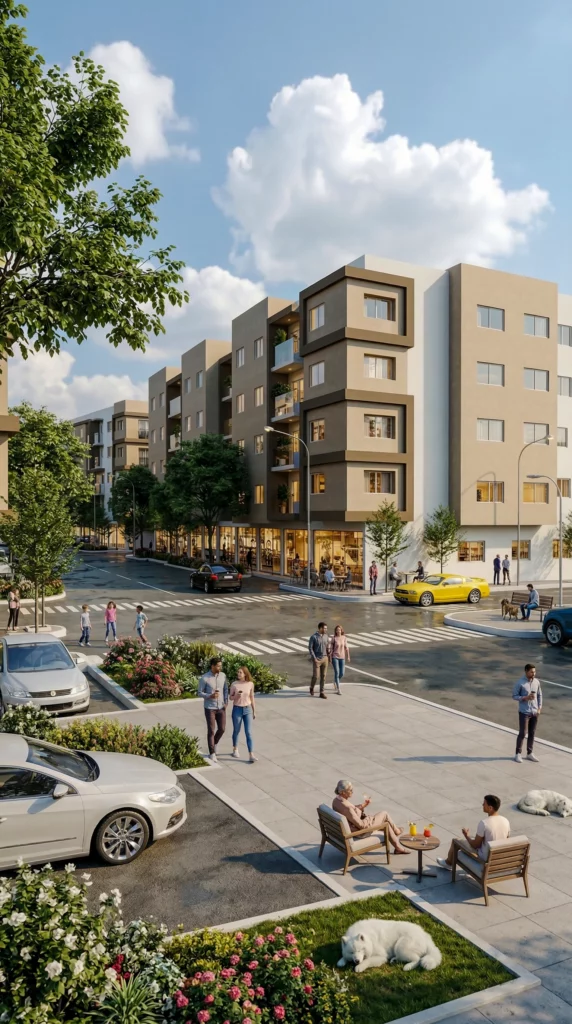 Visualisation 3D photoréaliste d'une résidence moderne à Marrakech, architecture extérieure pour projet immobilier au Maroc - amine rqoub