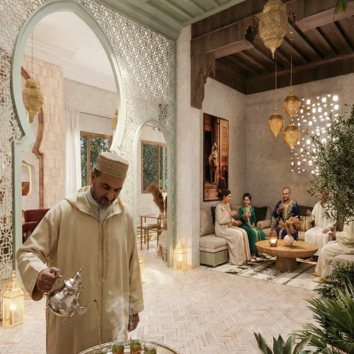 Visualisation 3D d’un riad marocain traditionnel avec patio intérieur artisanal, décor authentique, zelliges colorés, fontaine centrale, plantes et textures naturelles, ambiance chaleureuse et élégante, rendu photoréaliste par AMINE RQOUB.