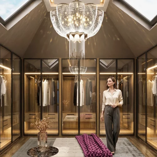 Visualisation 3D d’une suite parentale de luxe avec dressing design, aménagement élégant et moderne, mobilier raffiné, matériaux haut de gamme, éclairage naturel et subtil, ambiance sophistiquée et chaleureuse, rendu photoréaliste par AMINE RQOUB.