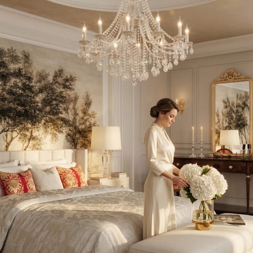 Visualisation 3D d’une chambre parentale classique style gothique, design intérieur élégant avec mobilier raffiné, textures luxueuses et éclairage dramatique. Intégration de l’IA pour optimiser l’aménagement et créer une ambiance vivante et sophistiquée, rendu photoréaliste par AMINE RQOUB.