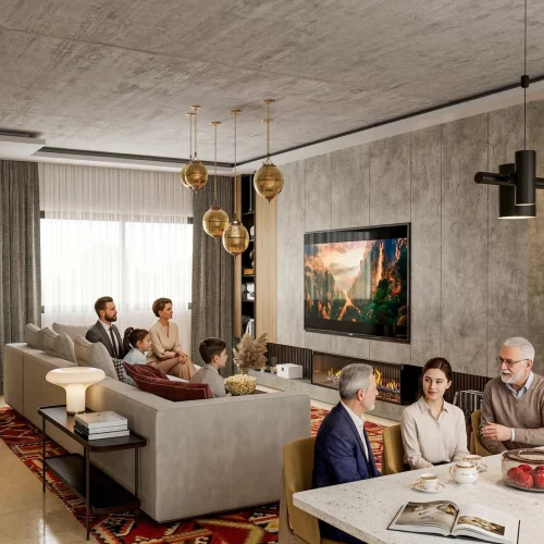 Visualisation 3D avec IA d’un appartement style brutalisme, design intérieur moderne avec murs en béton et finitions industrielles, mobilier épuré, textures brutes et volumes géométriques, ambiance contemporaine et élégante, rendu photoréaliste par AMINE RQOUB.