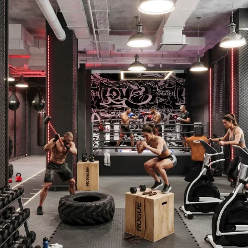 gym industriel intérieur design 3d avec structures métalliques