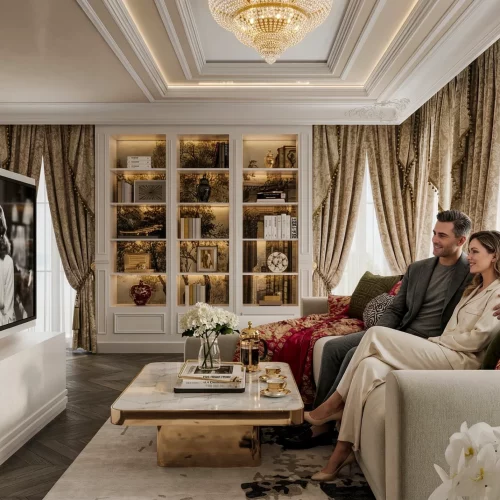 Visualisation 3D d’une chambre parentale classique style gothique, design intérieur élégant avec mobilier raffiné, textures luxueuses et éclairage dramatique. Intégration de l’IA pour optimiser l’aménagement et créer une ambiance vivante et sophistiquée, rendu photoréaliste par AMINE RQOUB.