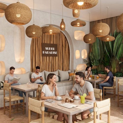 Visualisation 3D d’un restaurant-café tropical à Marrakech, ambiance chaleureuse et végétation luxuriante, décoration en bambou et bois naturel, intégration d’IA pour l’aménagement intérieur optimisé, mobilier élégant et confortable, rendu photoréaliste par AMINE RQOUB.